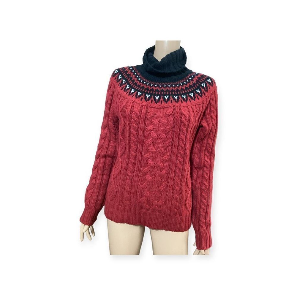 Vintage Red Cable Knit Fair Isle Turtleneck Sweater M